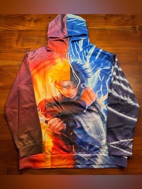 Naruto Uzumaki Sasuke Uchiha All over Print Pullover Hooded Sweater Sz 2XL